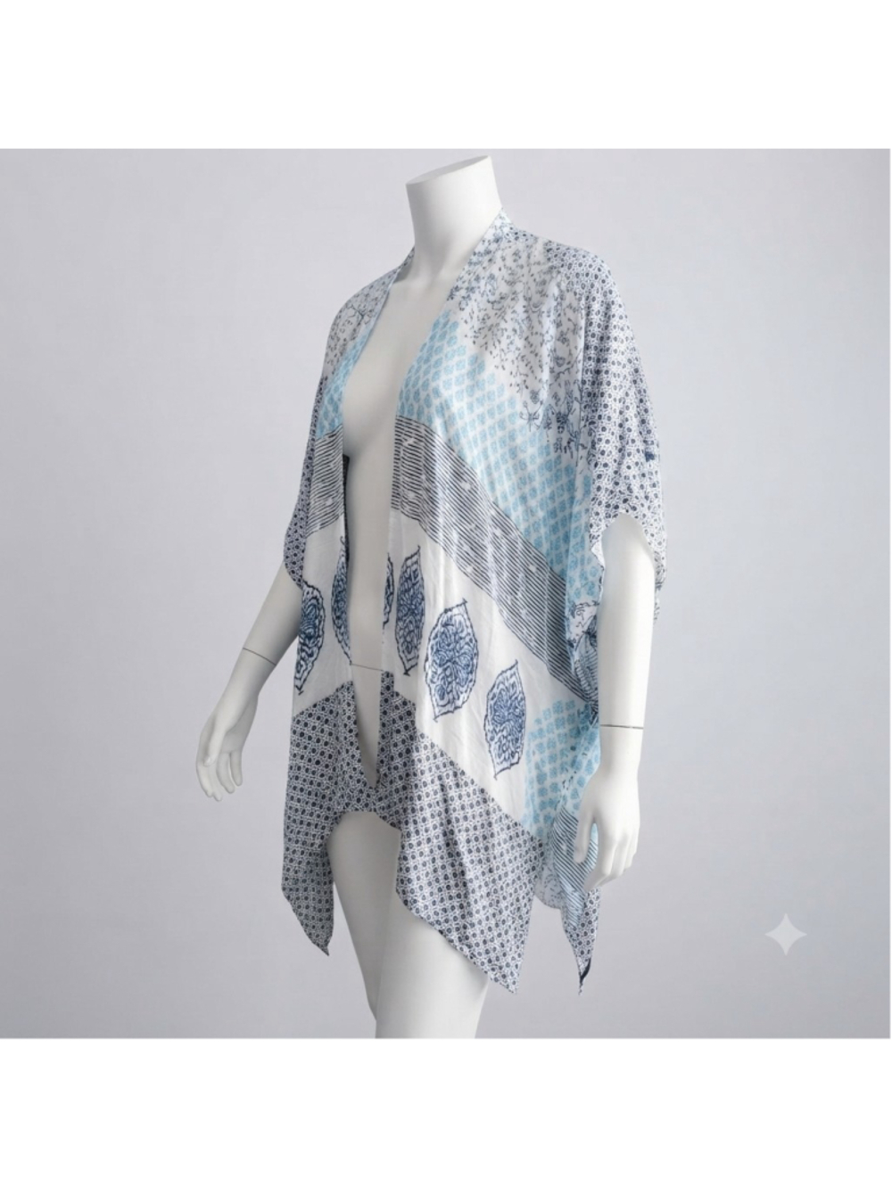 ANGIE Women’s One Size Kimono Beach Cover Up Bohemian Blue White Patterned Boho